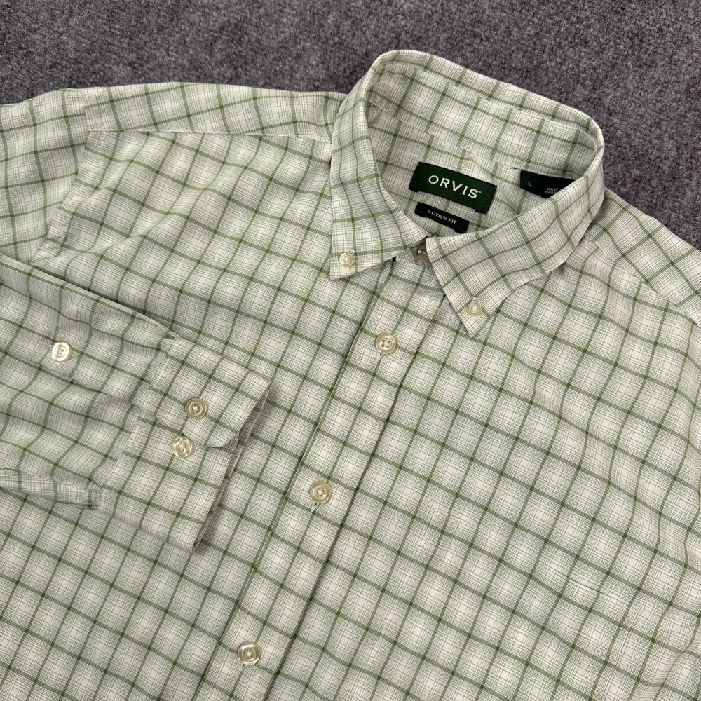 Orvis Mens Active Fit Shirt L Green Plaid SeaWool Performance Button Down EUC